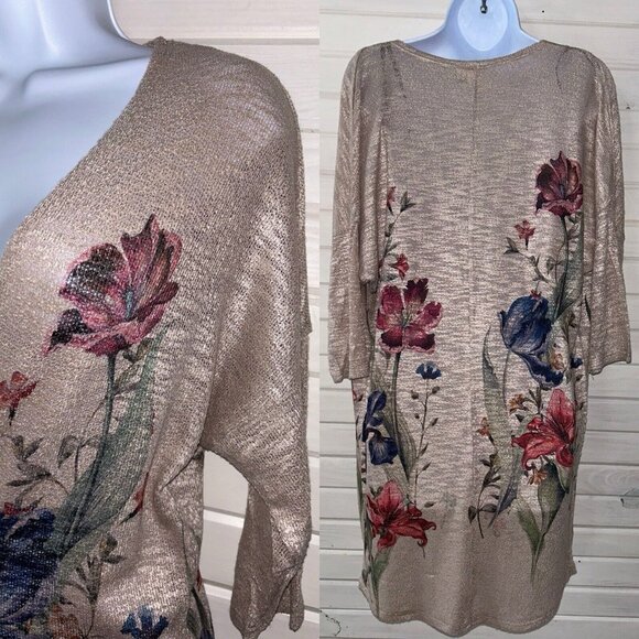 NWT Live In The Moment Sz LARGE Open Front Cardigan Oatmeal Floral Draped - Picture 1 of 11